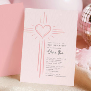Invitación de confirmación de cruz de corazón rosa