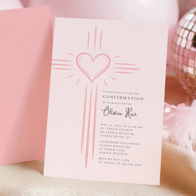 Invitación de confirmación de cruz de corazón rosa (Subido por el creador)