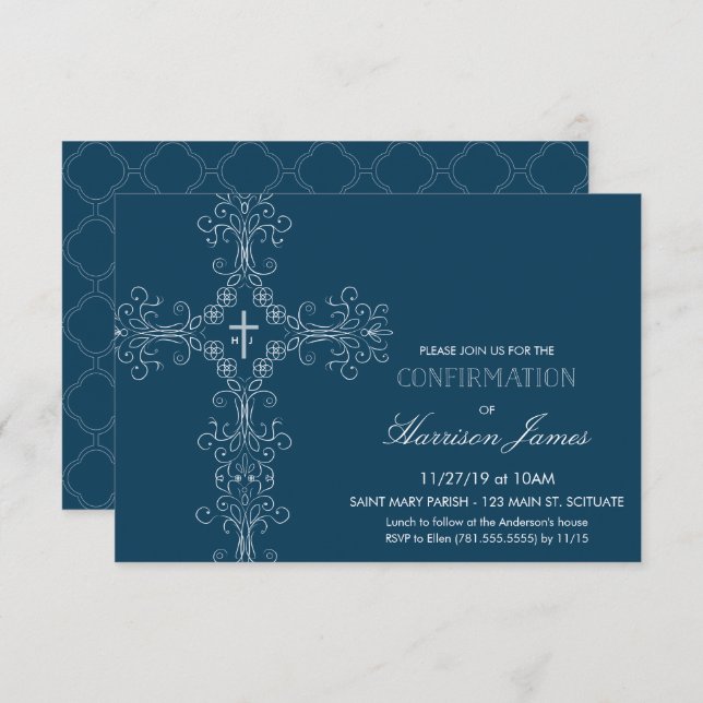 Invitación de confirmación del chico con cruz, ini (Anverso / Reverso)
