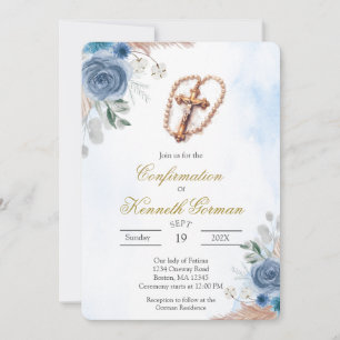 Invitación de confirmación floral azul Crucifijo