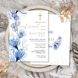 Invitación de confirmación floral azul polvoriento
