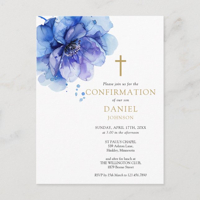 Invitación de confirmación floral de acuarela azul (Anverso)