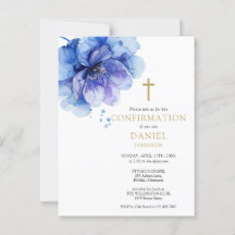 Invitación de confirmación floral de acuarela azul
