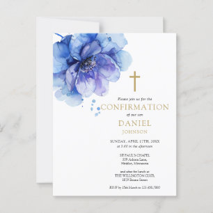 Invitación de confirmación floral de acuarela azul