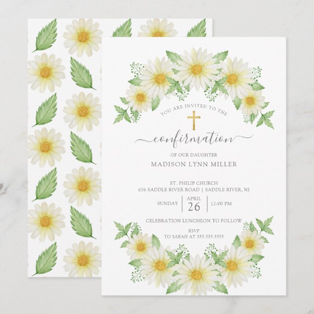 Invitación de confirmación floral de daisy fresco (Anverso / Reverso)
