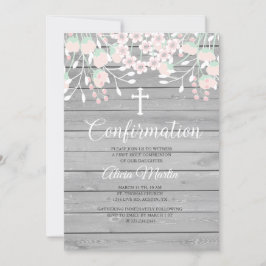 Invitación de confirmación floral de madera grisác