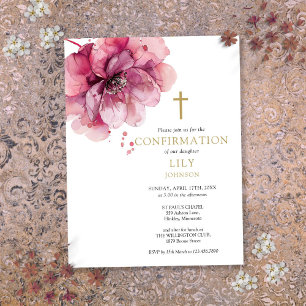 Invitación de confirmación floral rosa acuarela