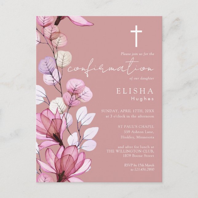 Invitación de confirmación floral rosa polvoriento (Anverso)