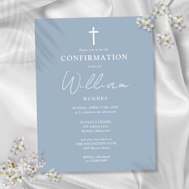 Invitación de confirmación minimalista azul polvor (Dusty Blue Minimalist Confirmation Invitation Postcard)