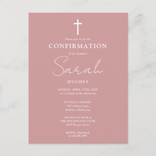 Invitación de Confirmación Minimalista Rosa Polvo (Anverso)