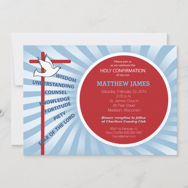 Invitación de Confirmación Rayos Azules Rojos (Anverso)