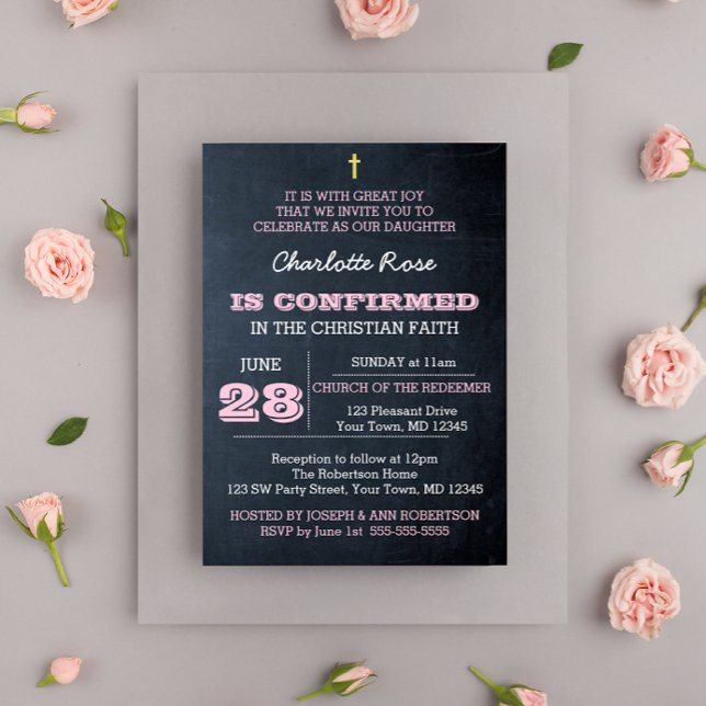 Invitación de confirmación rosa de Chalkboard (Subido por el creador)