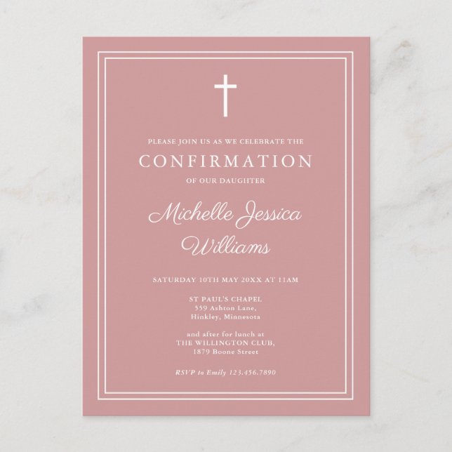 Invitación de Confirmación Rosa Polvo Elegante (Anverso)