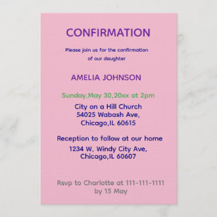 Invitación de confirmación suave rosa y púrpura