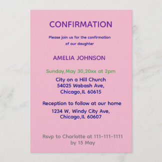 Invitación de confirmación suave rosa y púrpura