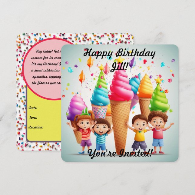 Invitación de Cono de Helado Personalizado (Anverso / Reverso)