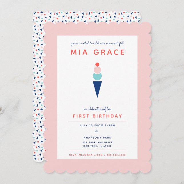 Invitación de cono de helado rosa y azul moderno (Anverso / Reverso)