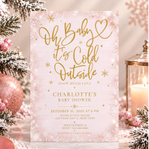 Invitación de copo de nieve dorado rosa para baby