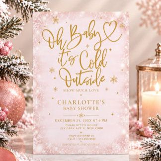 Invitación de copo de nieve dorado rosa para baby