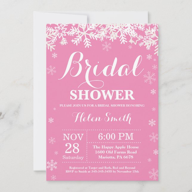 Invitación de copo de nieve rosa para ducha nupcia (Anverso)