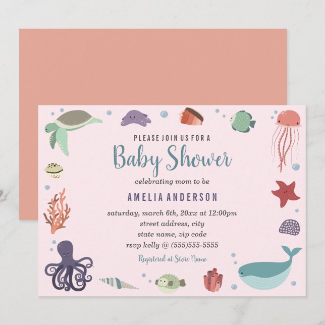 Invitación de Coral Baby Shower a las criaturas de (Anverso / Reverso)