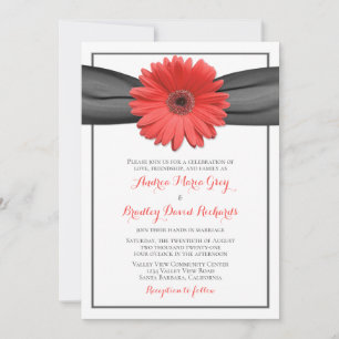 Invitación de Coral Gerbera Daisy Gray Ribbon