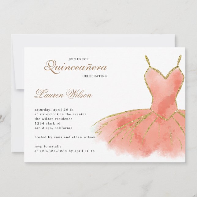 Invitación de Coral Purpurina Gown Quinceanera (Anverso)