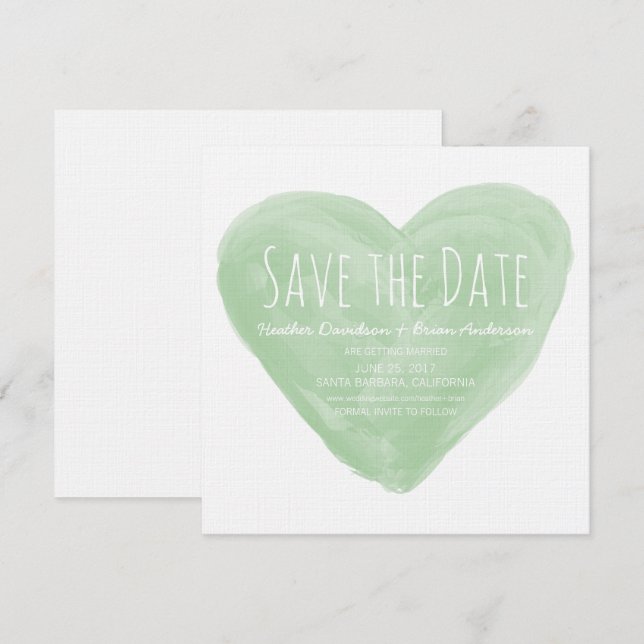 Invitación de corazón de acuarela verde para guard (Anverso / Reverso)