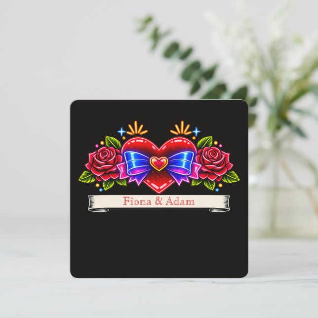 invitación de corazón de estilo de tatuaje de neón (Anverso de pie)
