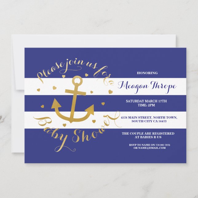 Invitación de corazón dorado del Ancla Azul de la  (Anverso)