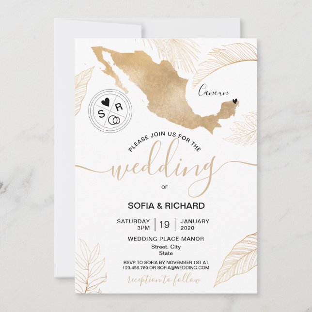 Invitación de corazón móvil de destino de boda Méx (Anverso)