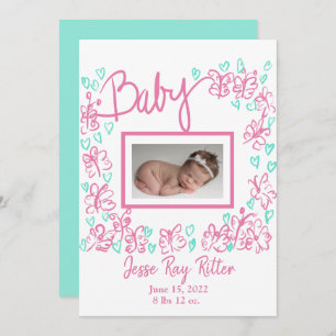 Invitación de Corazones Aqua de Mariposas Bebé Ros