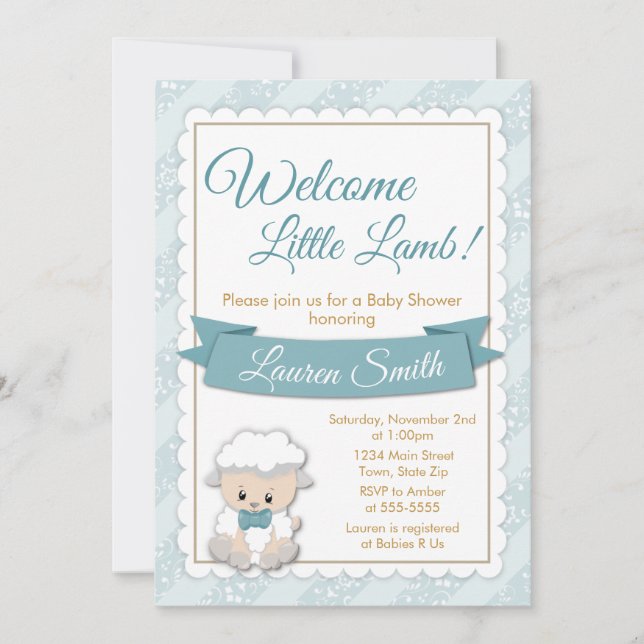 Invitación de cordero Baby Shower Bebé azul Corder (Anverso)