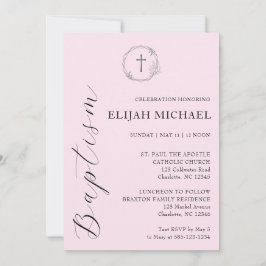 Invitación de Corona de Bautizo Cruz Rosa Elegante