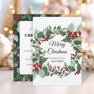 Invitación de Corona de Bayas Rojas de Navidad