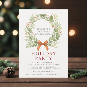 Invitación de corona de Navidad con lazo rojo para