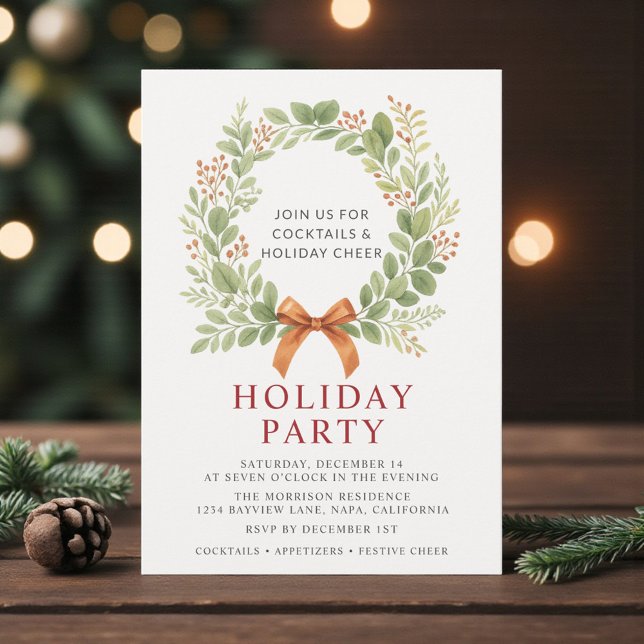 Invitación de corona de Navidad con lazo rojo para (Subido por el creador)