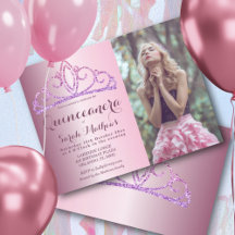 Invitación de corona de purpurina rosa de Quinceañ
