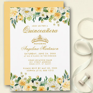Invitación de Corona Floral de Oro Blanco Quinceañ