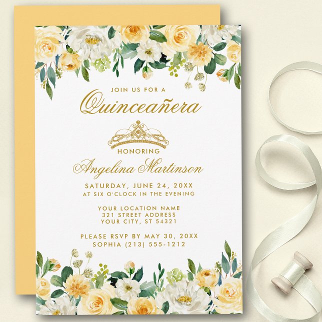Invitación de Corona Floral de Oro Blanco Quinceañ (Customize to change text color, style, add text & photos to back or change color of back of card.)