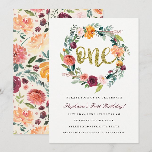 Invitación de corona floral de oro y burdeos para  (Anverso / Reverso)
