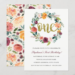 Invitación de corona floral de oro y burdeos para
