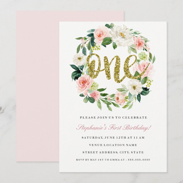 Invitación de corona floral dorada con rubor para  (Anverso / Reverso)