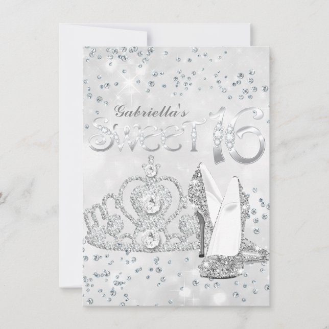 Invitación de Corona y Tacones con Brillo de Plata (Anverso)