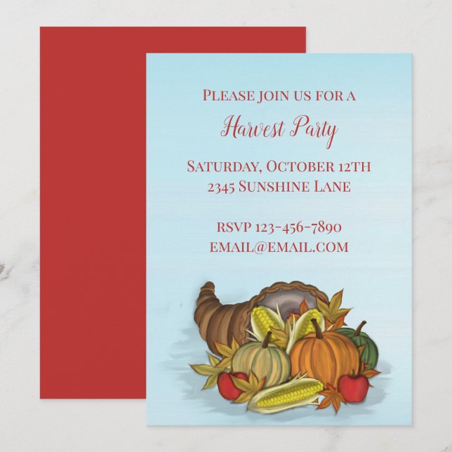 Invitación de Cosecha de la Cornucopia (Anverso / Reverso)