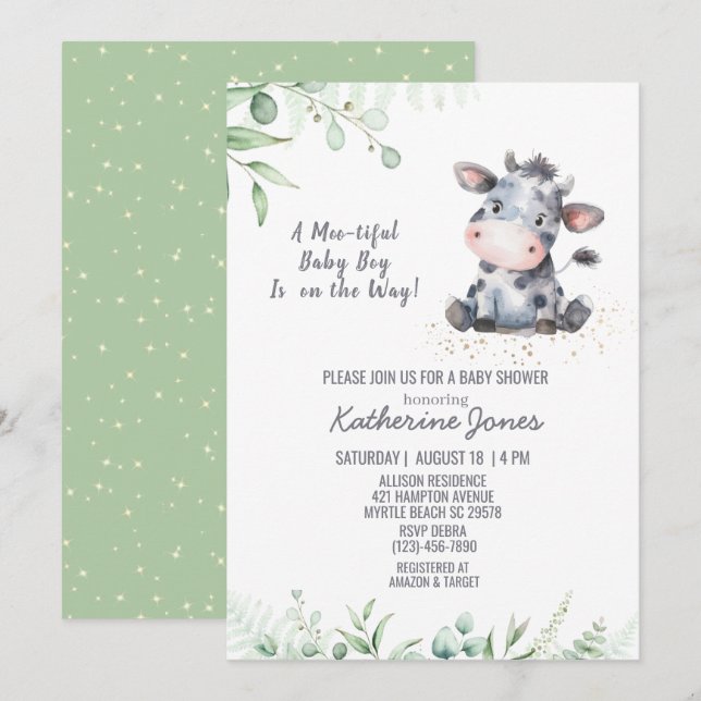 Invitación de Cow Baby Shower Greenery Boy Farm (Anverso / Reverso)