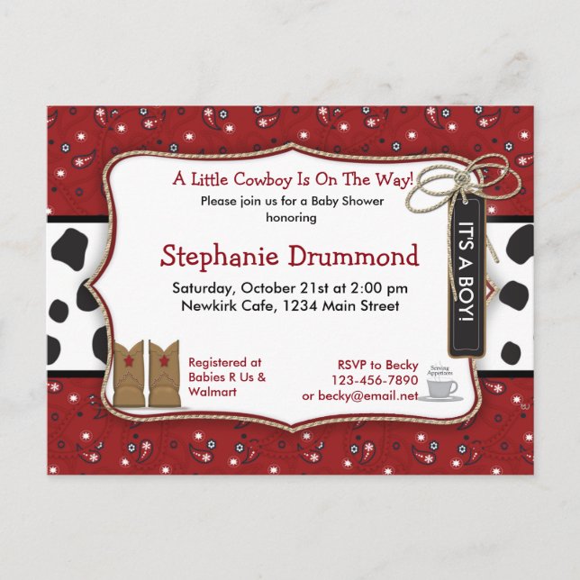 Invitación de Cowboy a Baby Shower en Bandana Roja (Anverso)