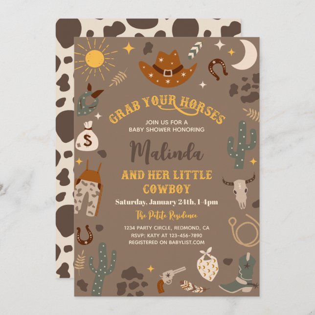 Invitación de Cowboy Baby Shower | Bebé occidental (Anverso / Reverso)
