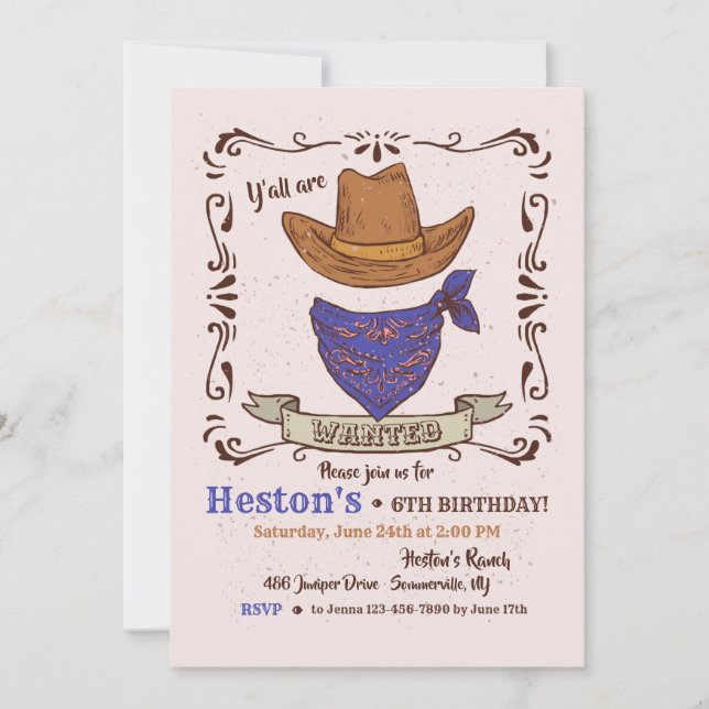 Invitación de Cowboy Gorra y Blue Bandana (Anverso)