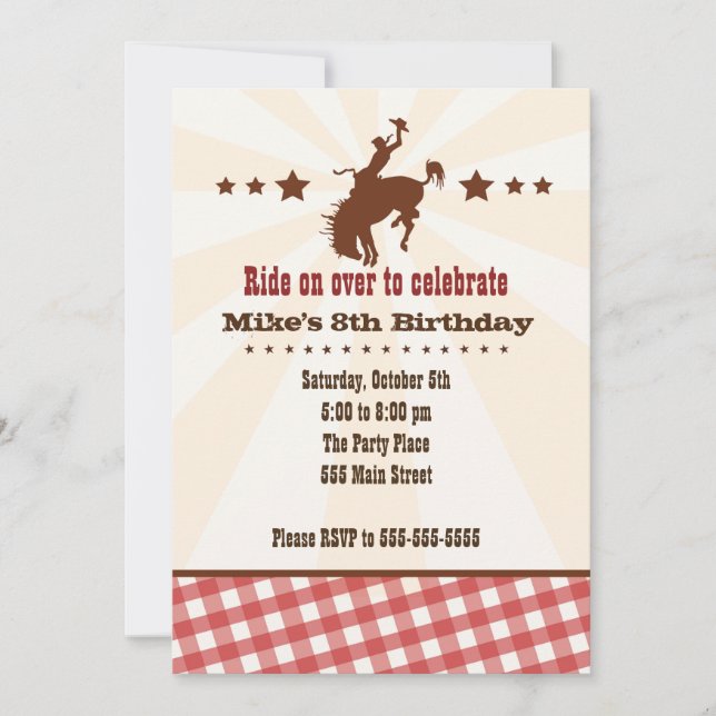 Invitación de Cowboy Niños Cumpleaños Fiesta Rojo  (Anverso)